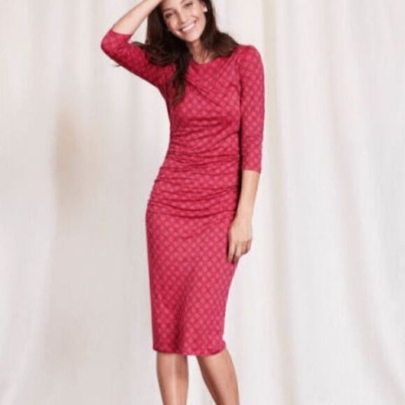 BODEN Boatneck Ruched Dress Honeycomb Spot Size 10 - Picture 1 of 5